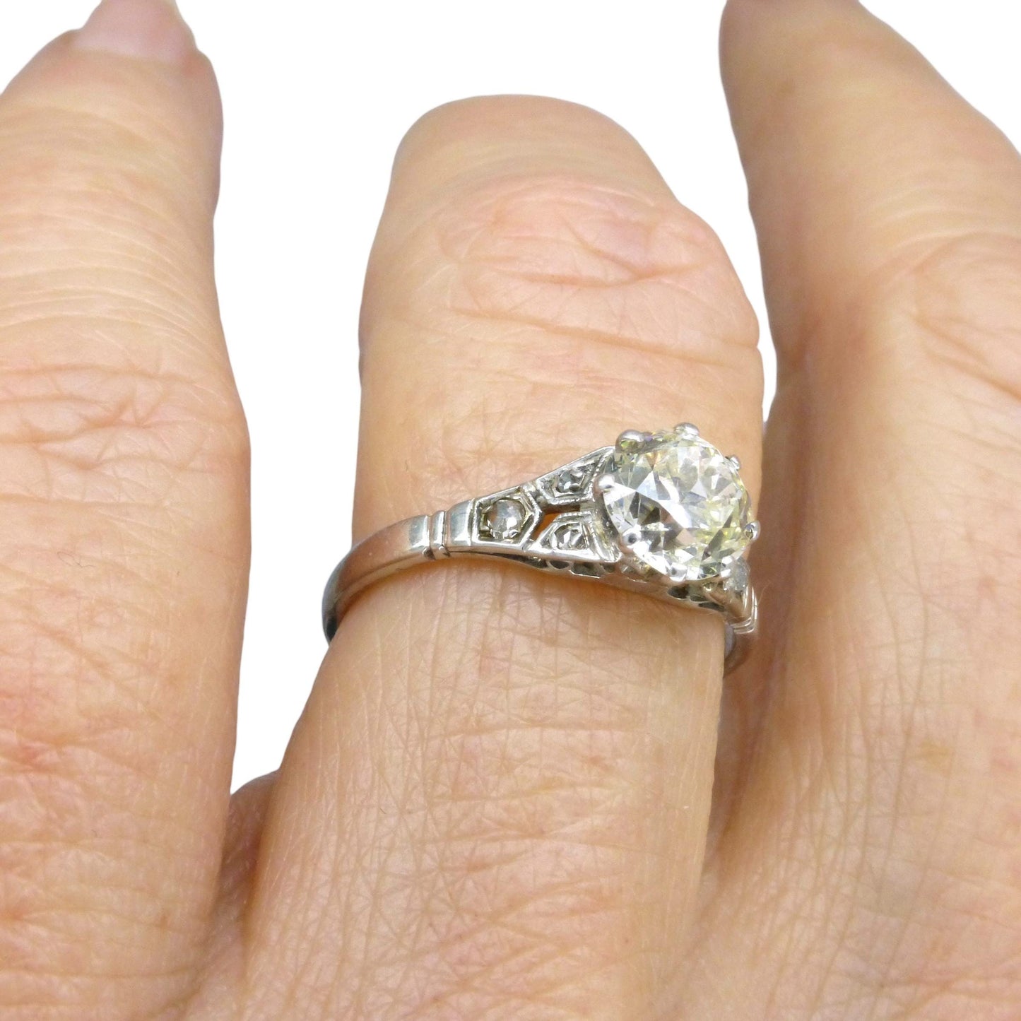 Antique old European cut diamond solitaire ring ~ 18ct white gold 0.80ct ~ With Valuation.