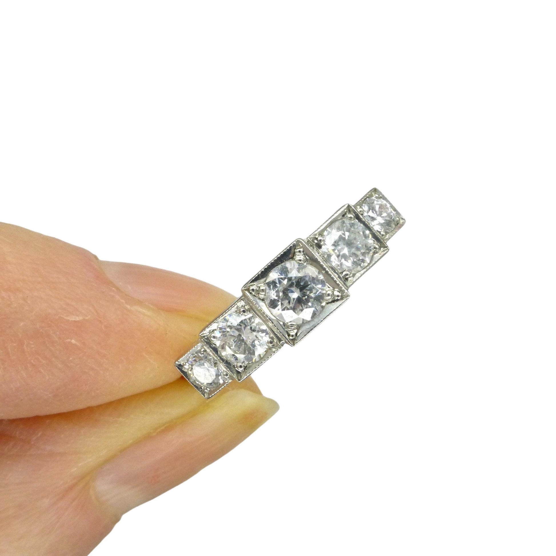 Art Deco style platinum square set diamond five stone ring 0.80ct