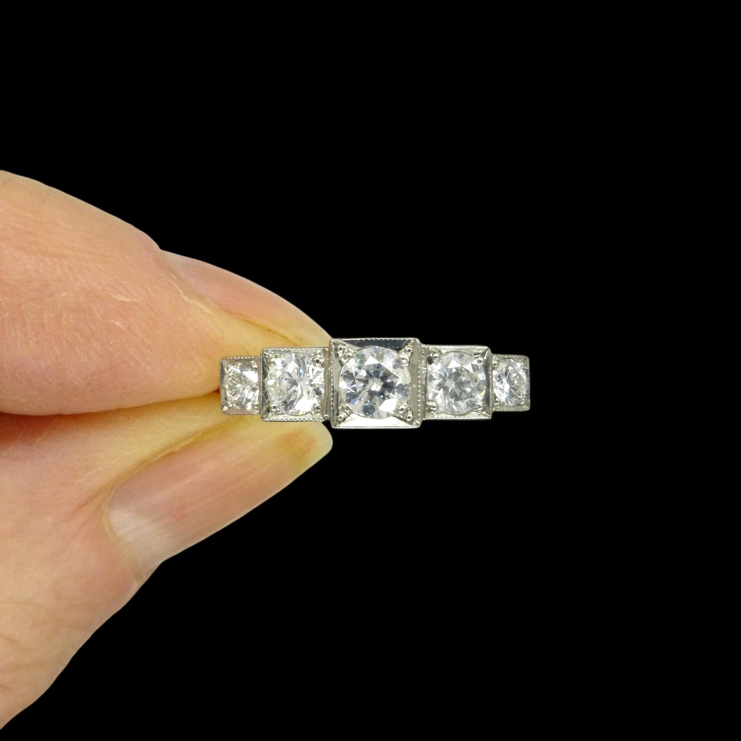 Art Deco style platinum square set diamond five stone ring 0.80ct