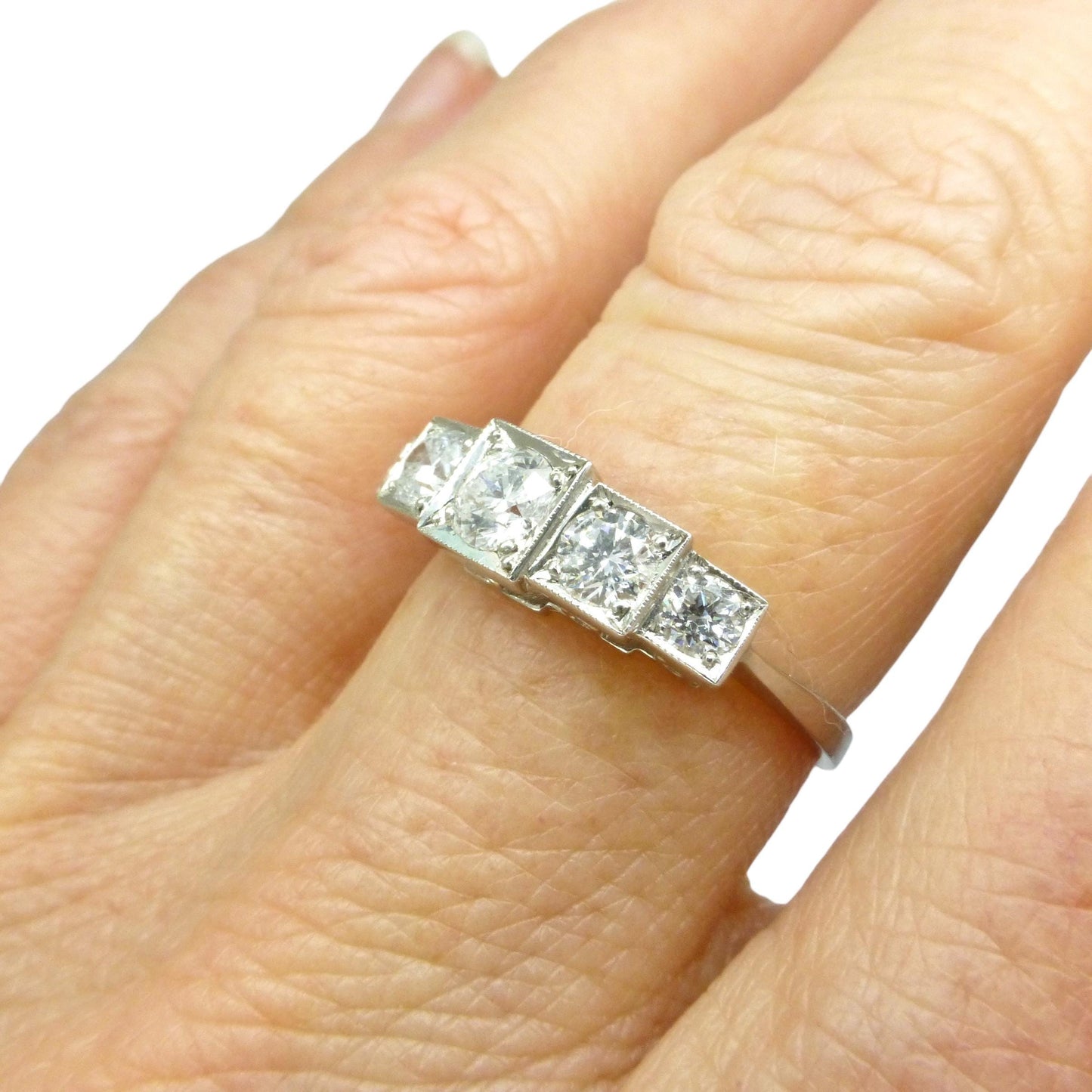 Art Deco style platinum square set diamond five stone ring 0.80ct