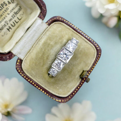 Art Deco style platinum square set diamond five stone ring 0.80ct