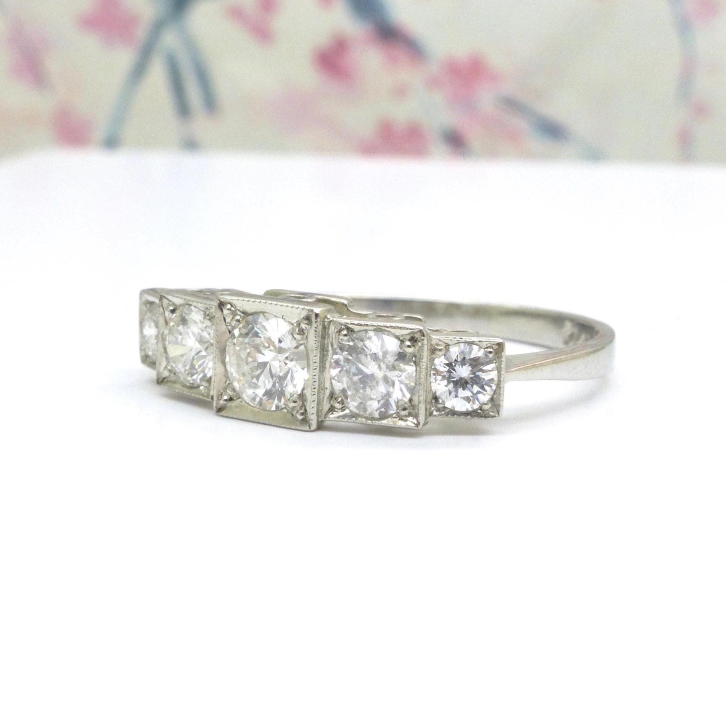 Art Deco style platinum square set diamond five stone ring 0.80ct