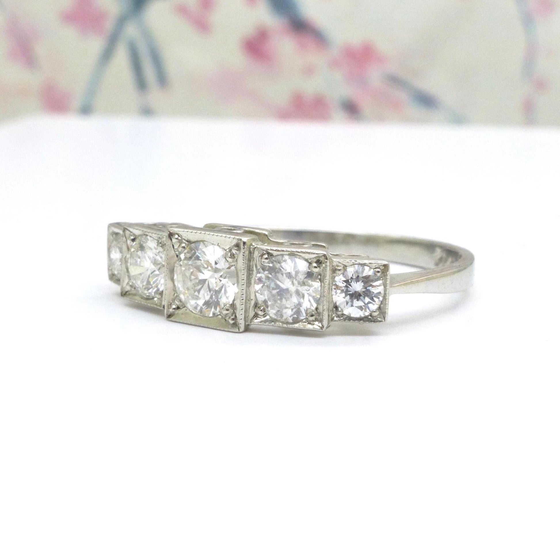 Art Deco style platinum square set diamond five stone ring 0.80ct