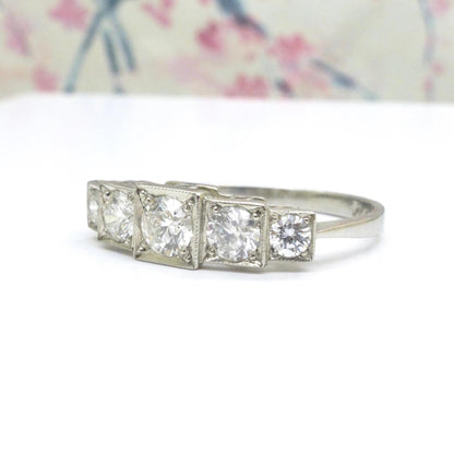 Art Deco style platinum square set diamond five stone ring 0.80ct