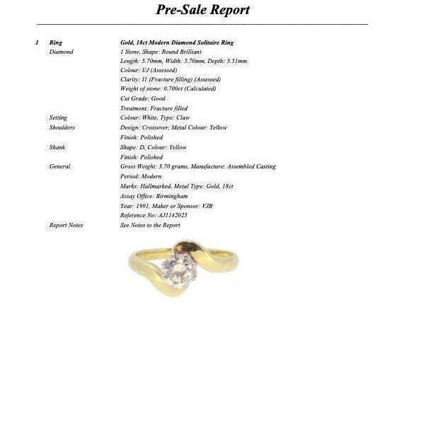 Vintage 18ct gold brilliant cut natural diamond solitaire ring 0.70ct + Independent Valuation report