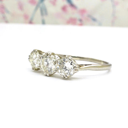 Antique Transitional cut diamond three stone trilogy ring 1.38ct - white gold & Platinum - Independent Valuation