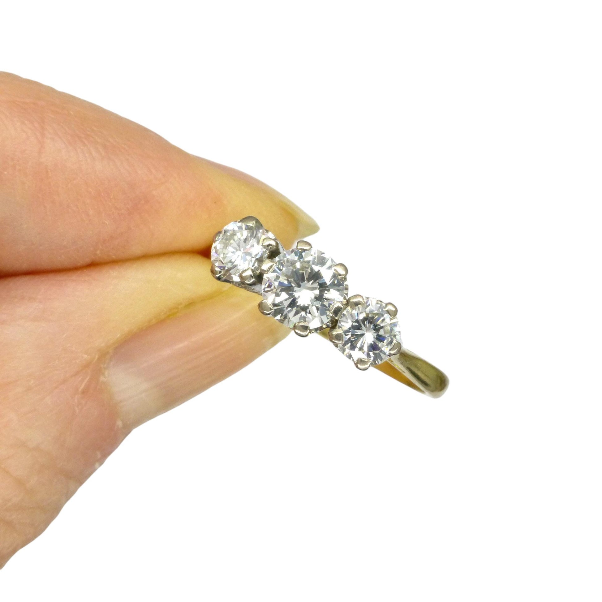Vintage 18ct natural diamond three stone trilogy ring 1.00ct c1970's