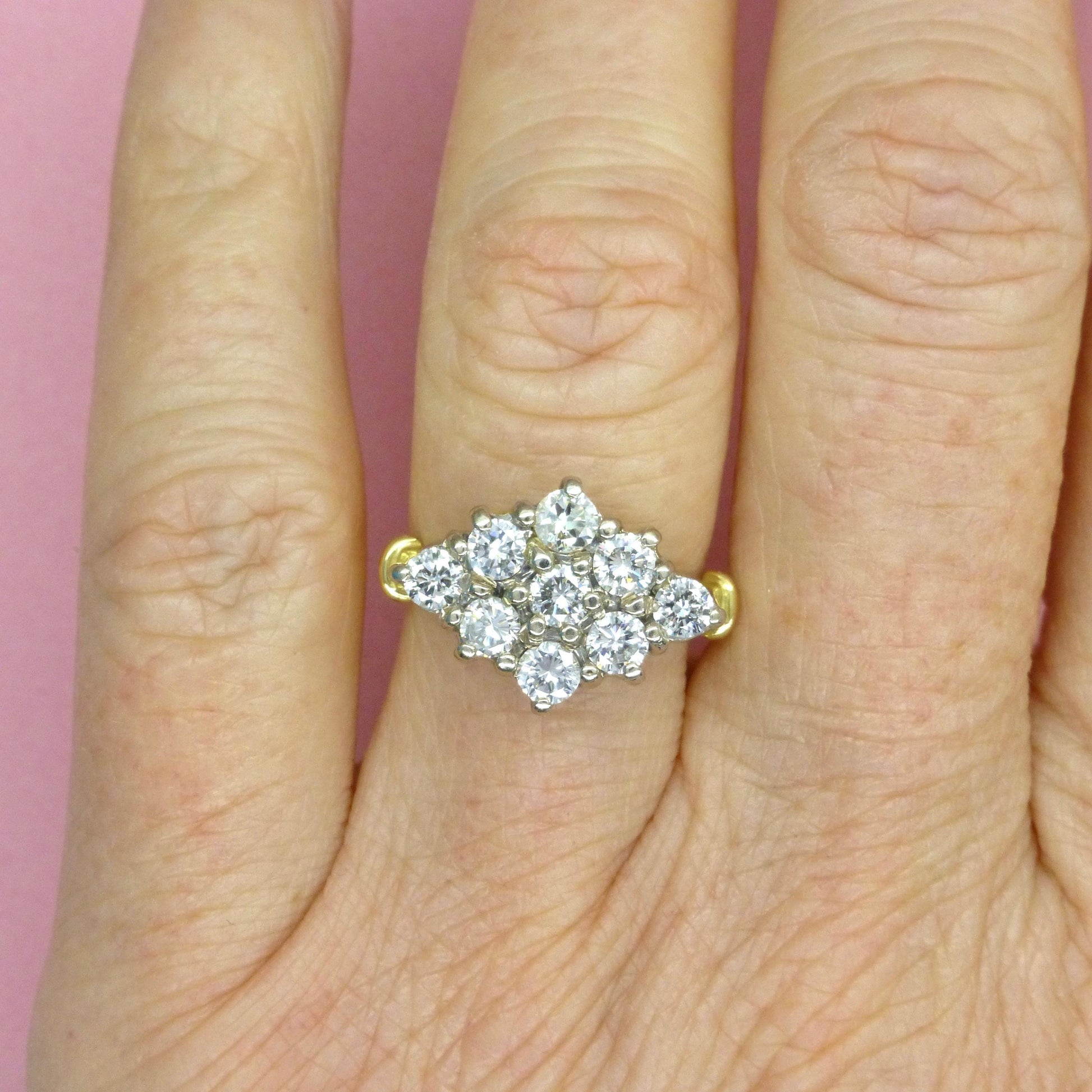 Vintage 18ct gold diamond kite shape cluster engagement ring 1.00 carat