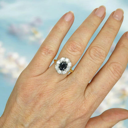 Vintage 18ct sapphire & diamond oval cluster ring - Classic Princess of Wales ring