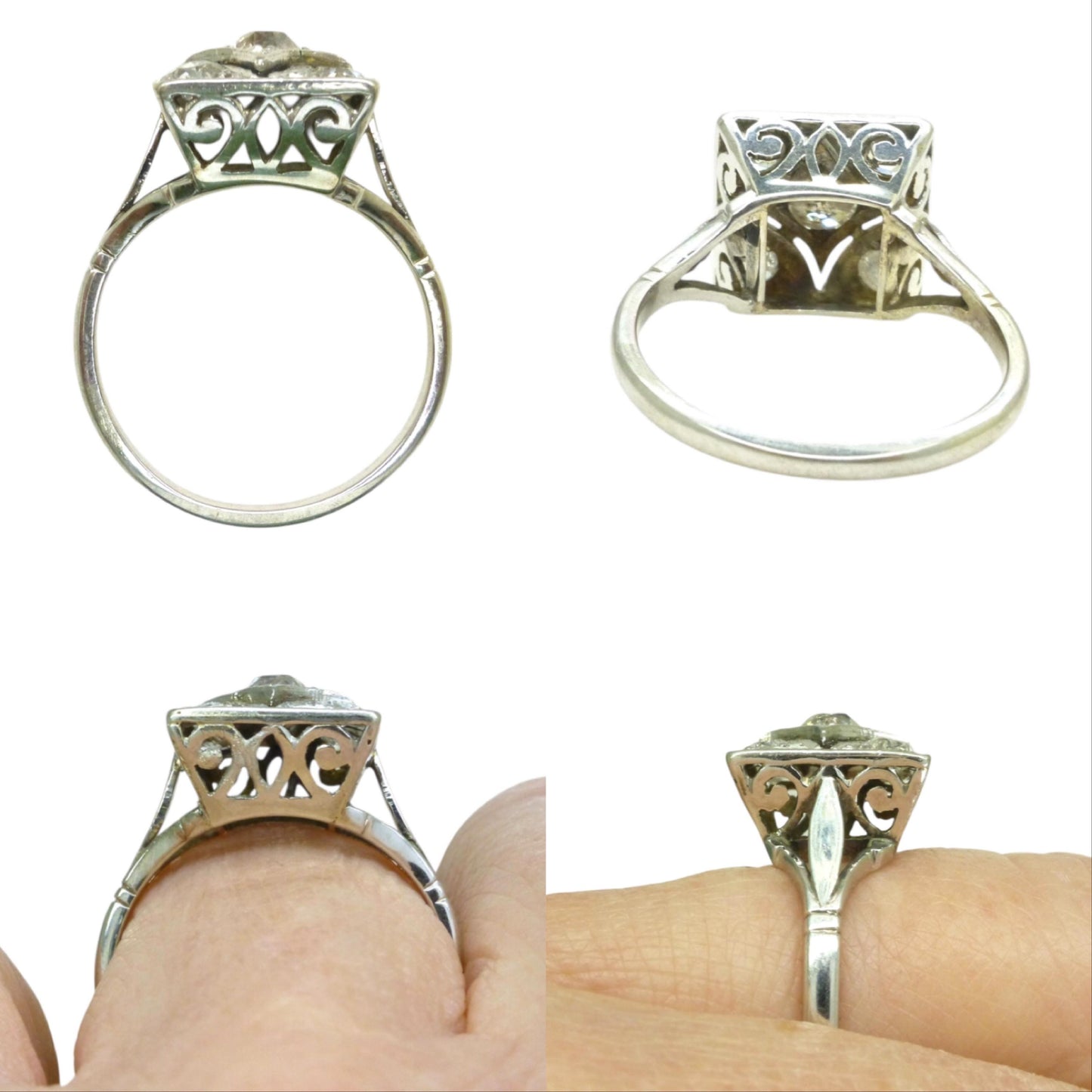 Antique Art Deco old mine cut diamond square cluster ring c1920's