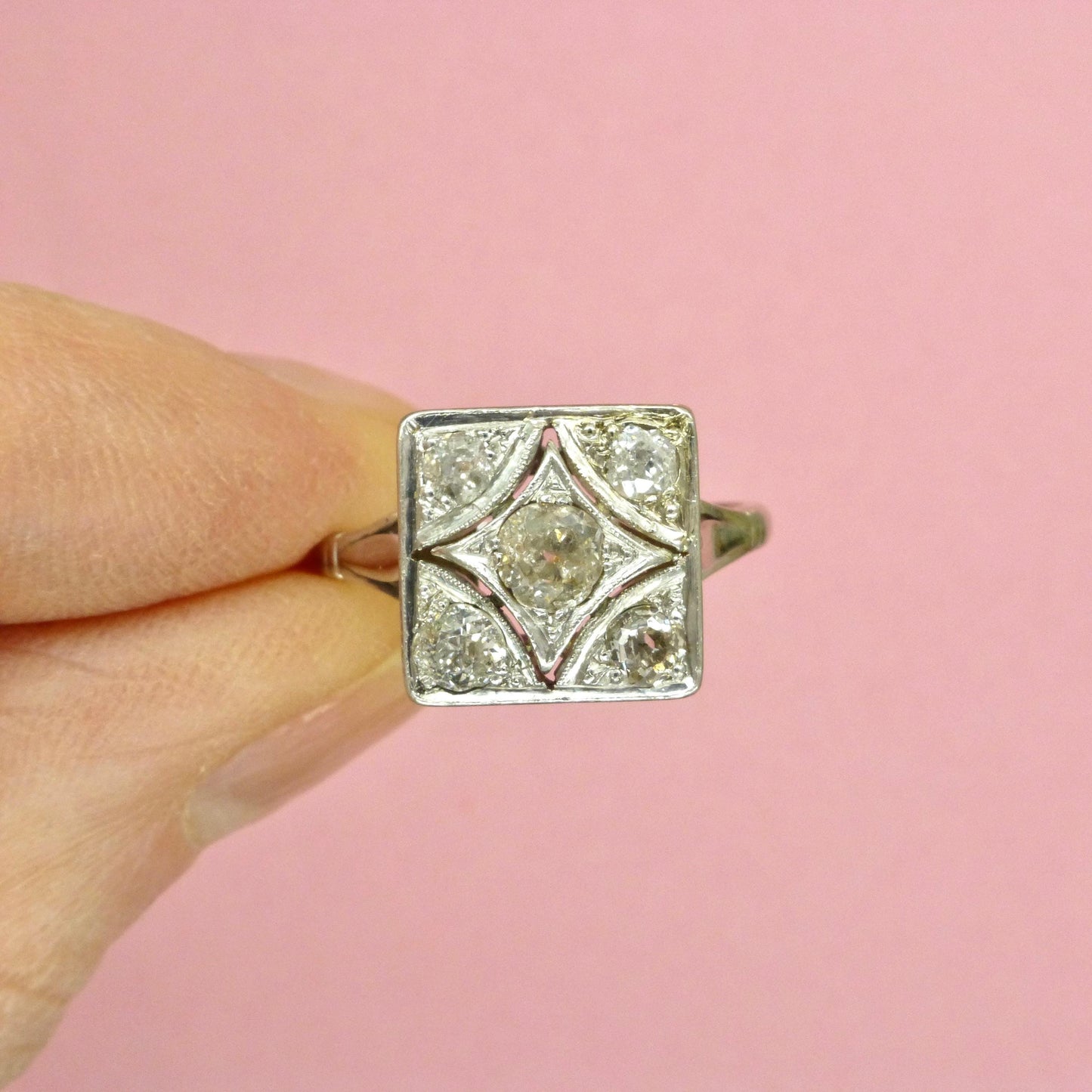 Antique Art Deco old mine cut diamond square cluster ring c1920's