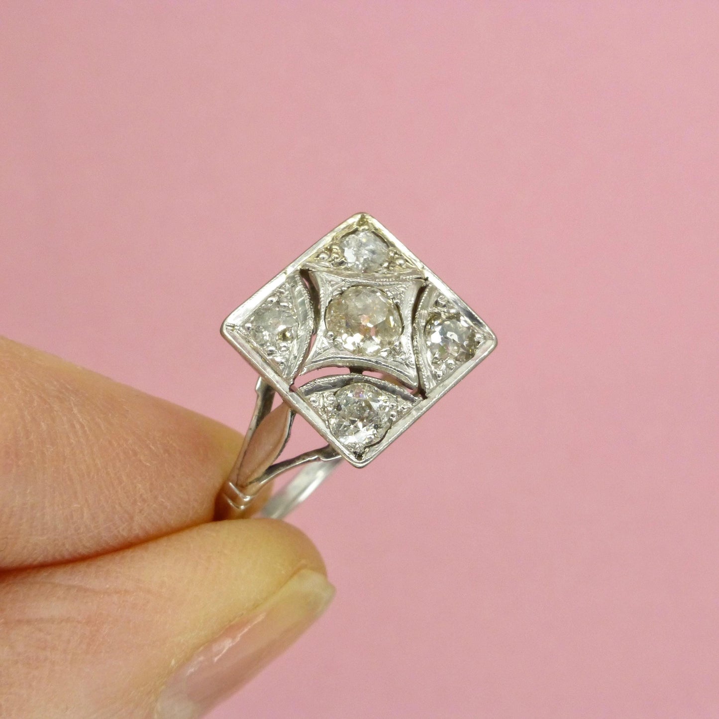 Antique Art Deco old mine cut diamond square cluster ring c1920's
