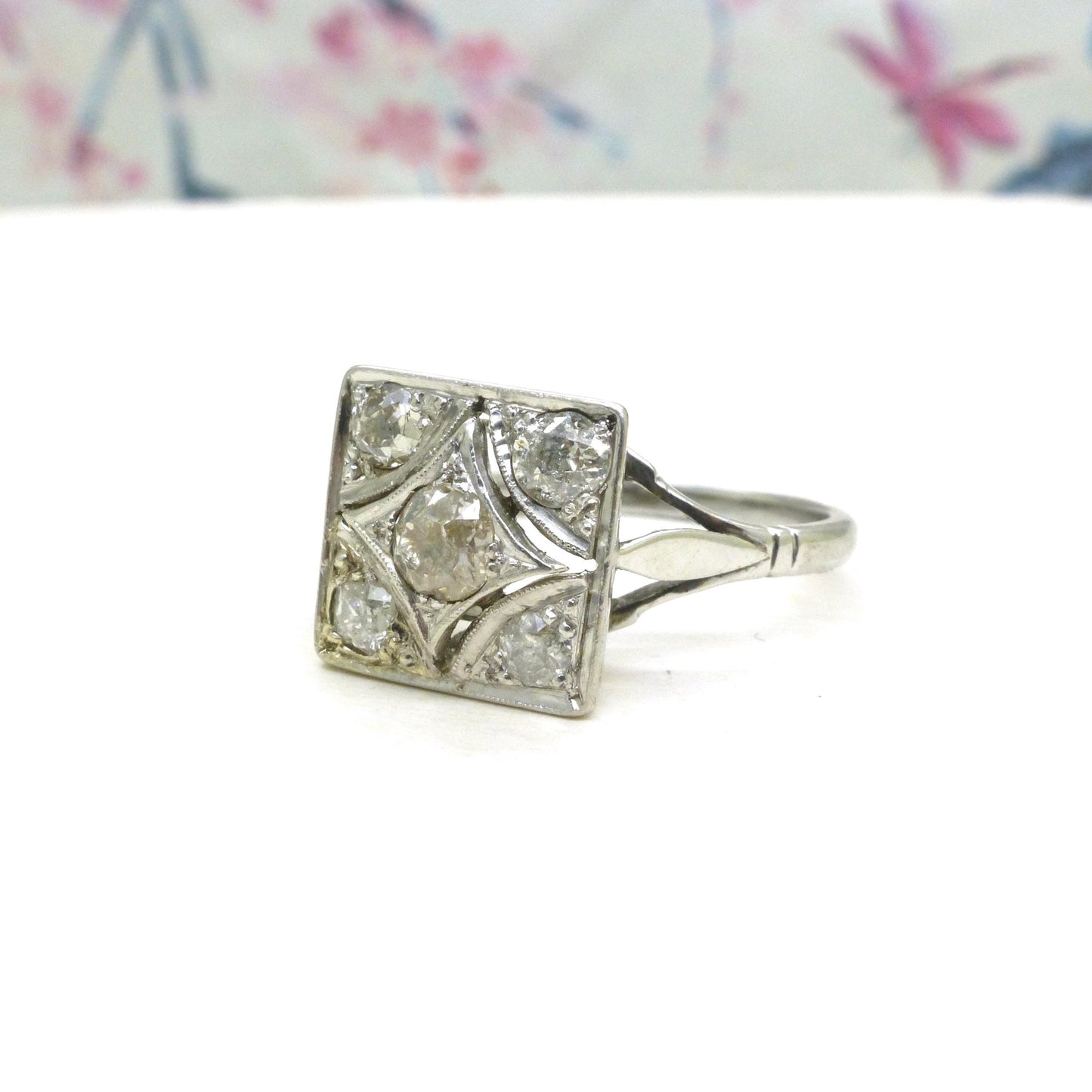 Antique Art Deco old mine cut diamond square cluster ring c1920's