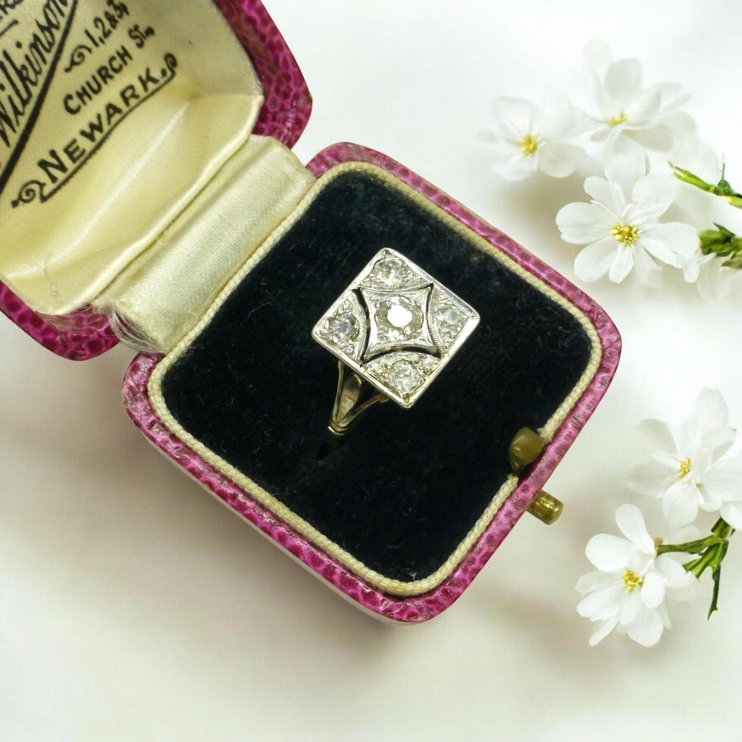 Antique Art Deco old mine cut diamond square cluster ring c1920's