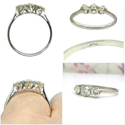 Antique Platinum natural diamond three stone trilogy ring 0.60ct c1920's
