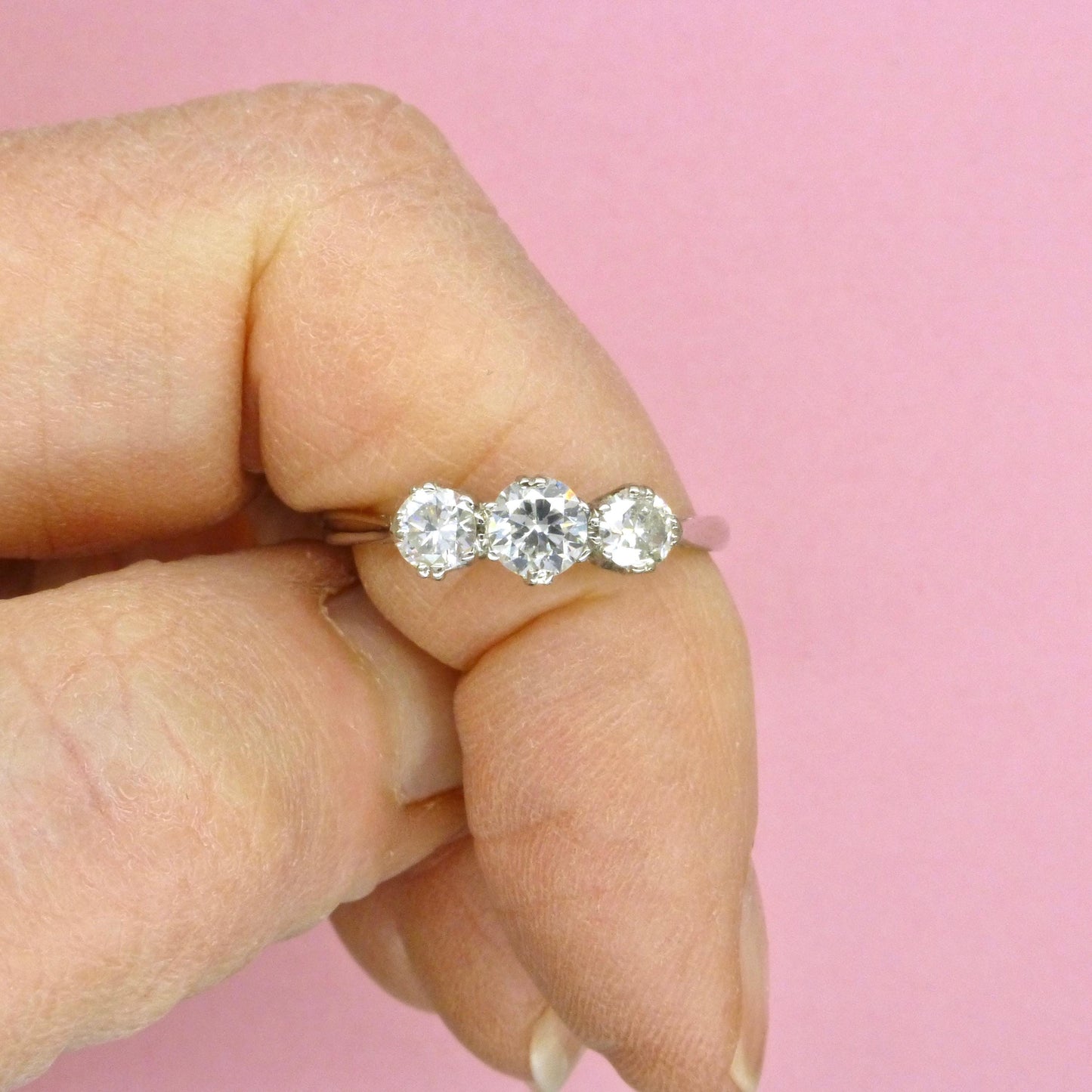 Antique Platinum natural diamond three stone trilogy ring 0.60ct c1920's