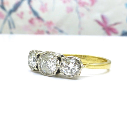 Vintage 18ct natural diamond three stone trilogy ring 1.25ct.