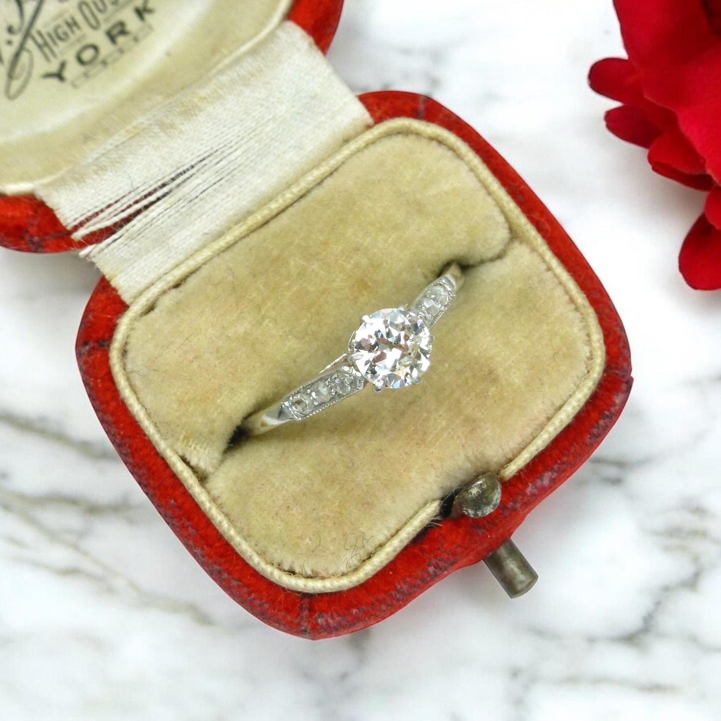 Antique Platinum old transitional cut diamond solitaire engagement ring 0.55ct 1910's