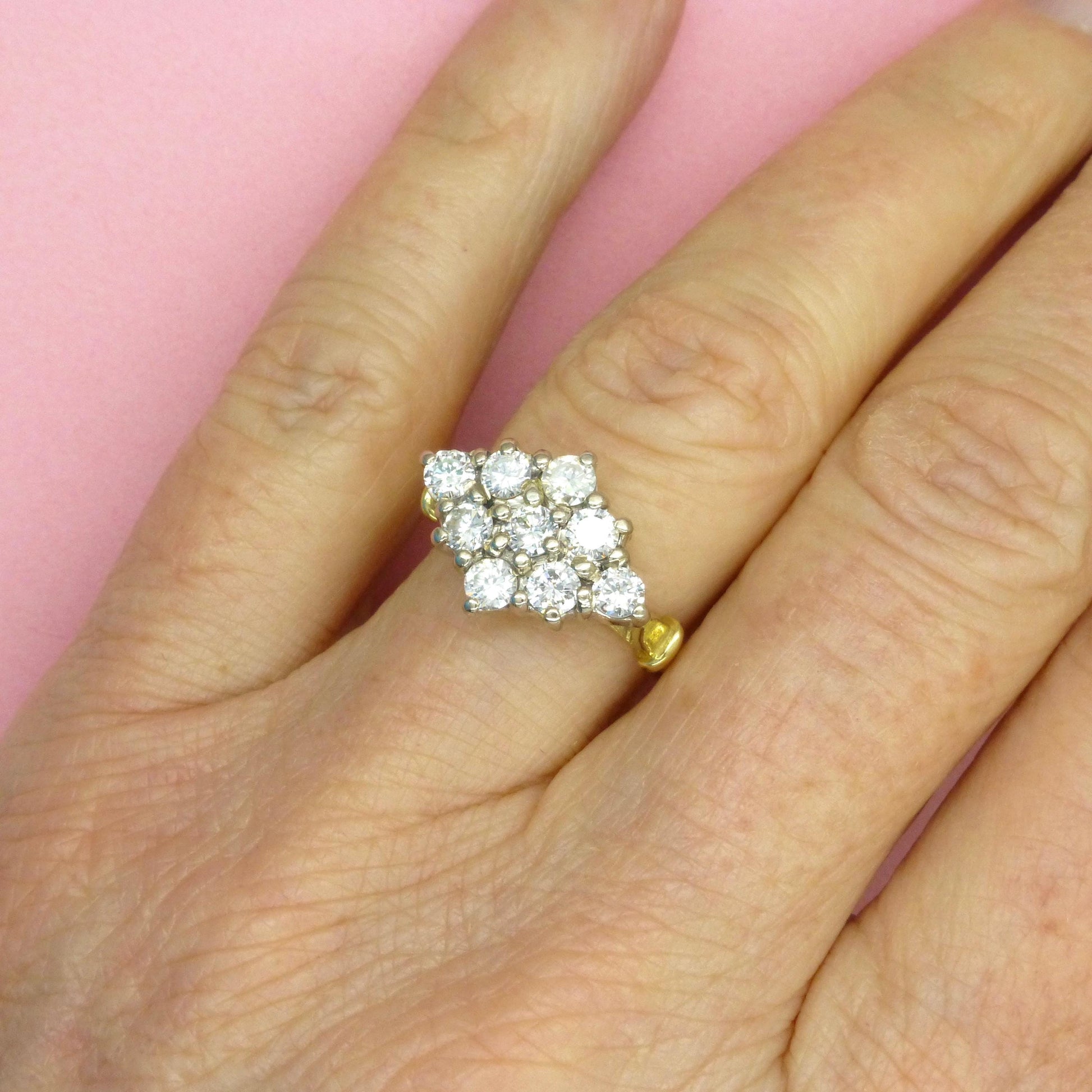 Vintage 18ct gold diamond kite shape cluster engagement ring 1.00 carat