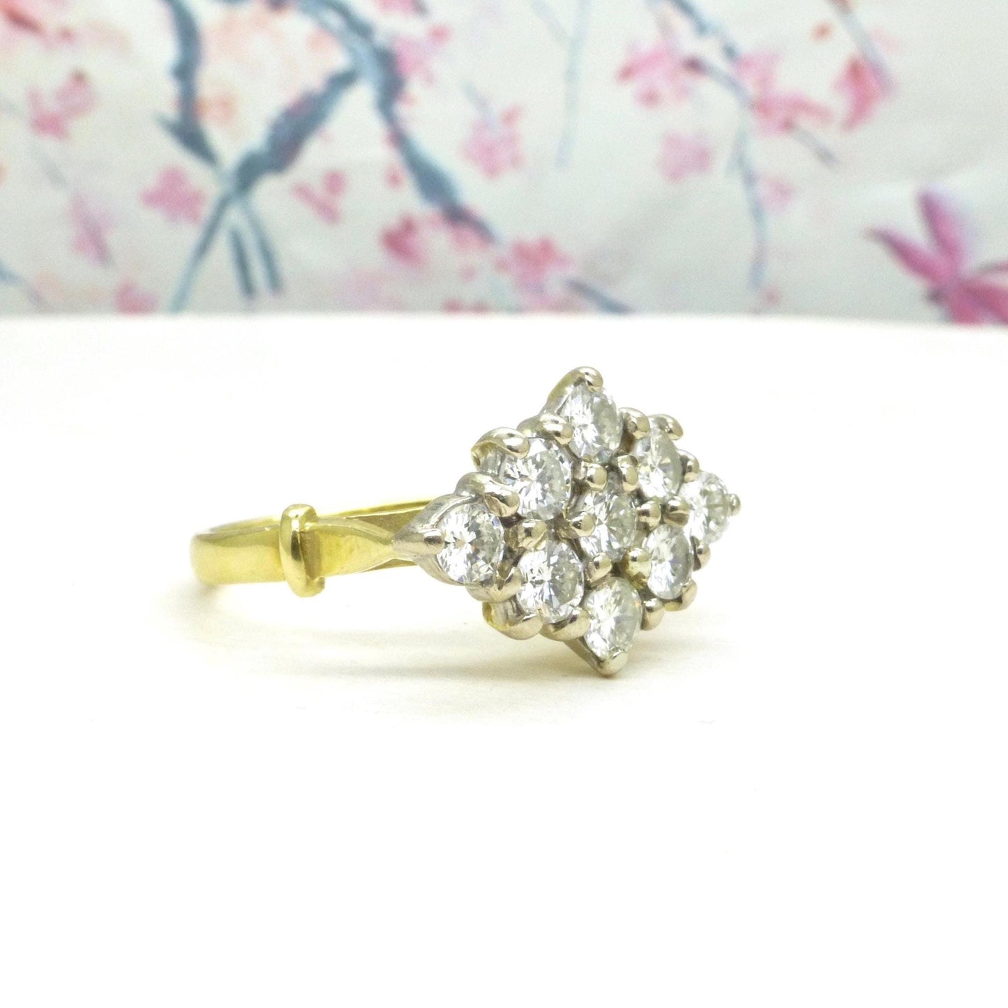 Vintage 18ct gold diamond kite shape cluster engagement ring 1.00 carat