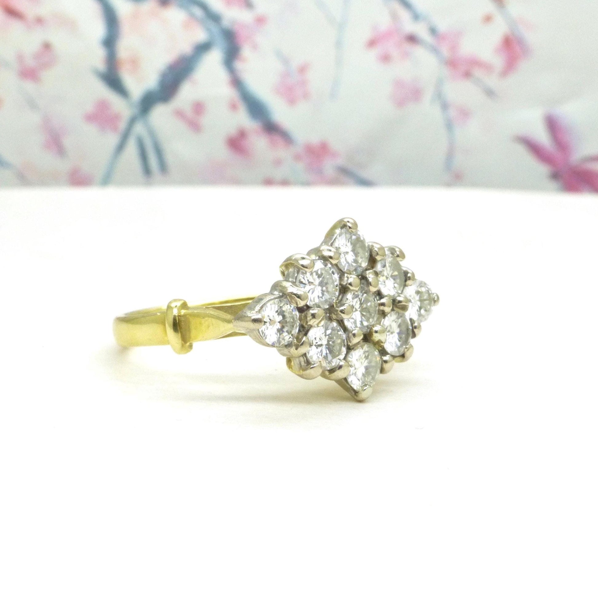 Vintage 18ct gold diamond kite shape cluster engagement ring 1.00 carat