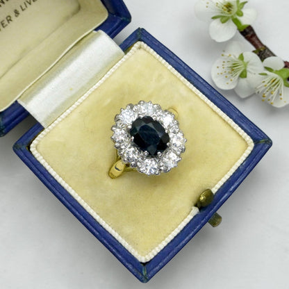 Vintage 18ct sapphire & diamond oval cluster ring - Classic Princess of Wales ring