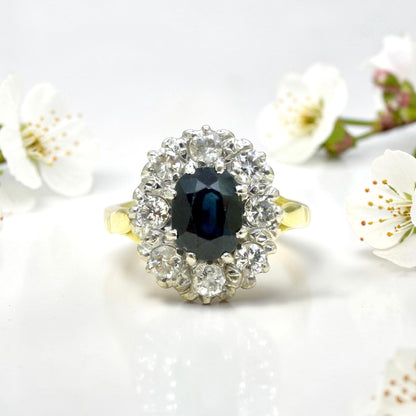 Vintage 18ct sapphire & diamond oval cluster ring - Classic Princess of Wales ring