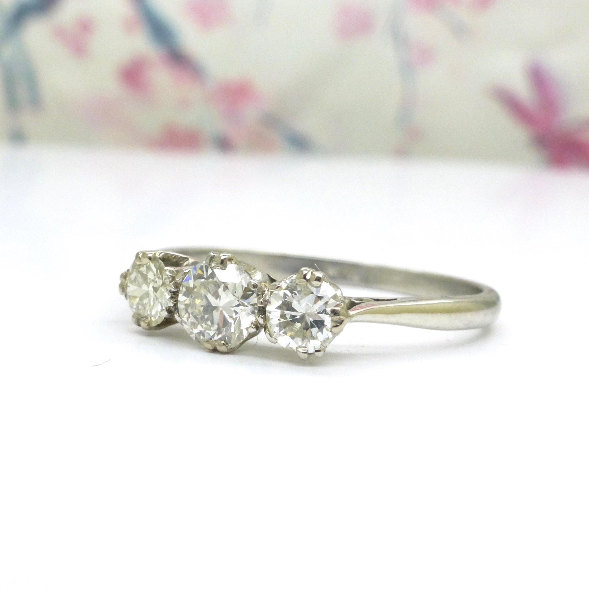 Antique Platinum natural diamond three stone trilogy ring 0.60ct c1920's