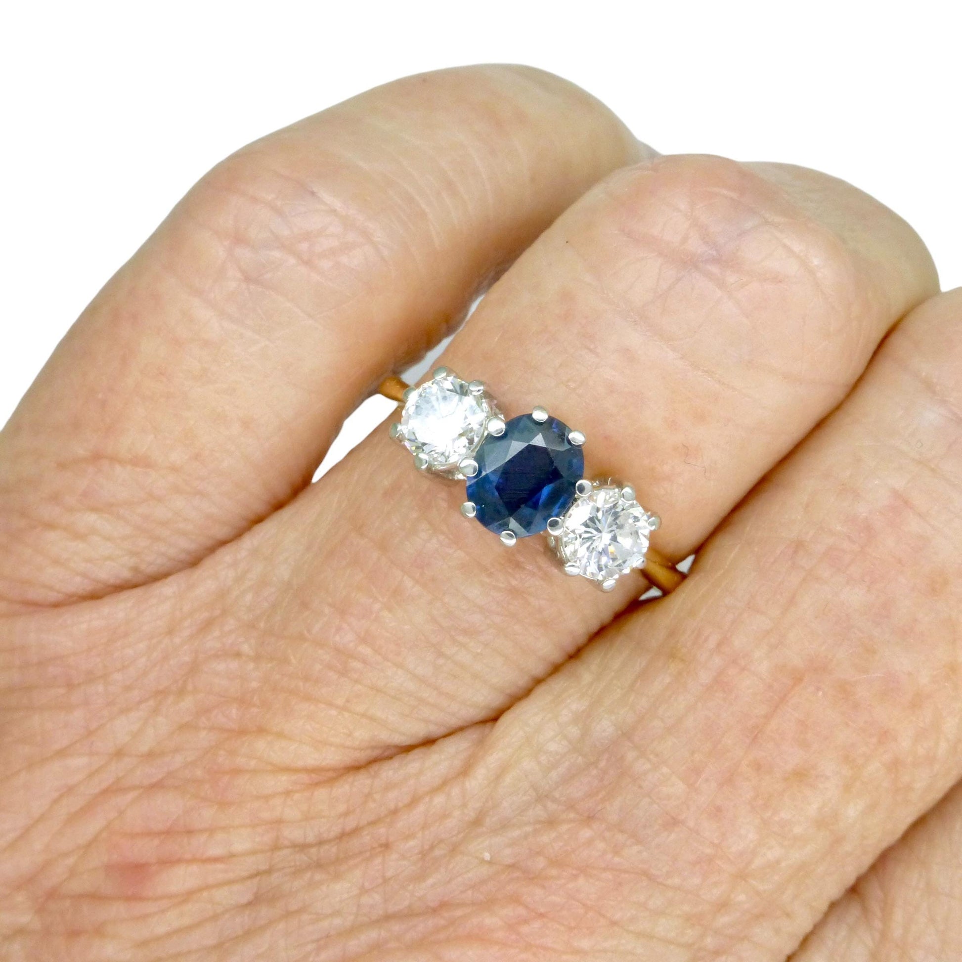 Vintage 18ct gold Natural Diamond & Sapphire three stone trilogy ring.