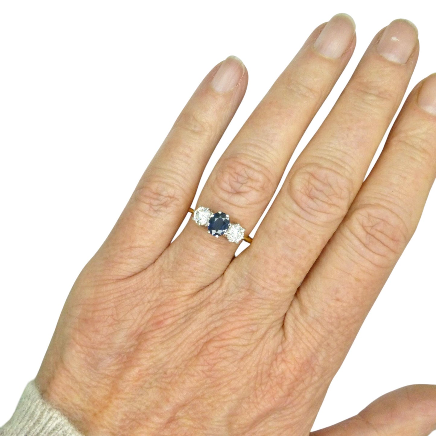 Vintage 18ct gold Natural Diamond & Sapphire three stone trilogy ring.