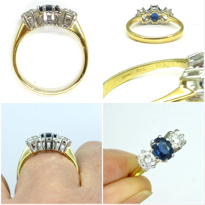 Vintage 18ct gold Natural Diamond & Sapphire three stone trilogy ring.