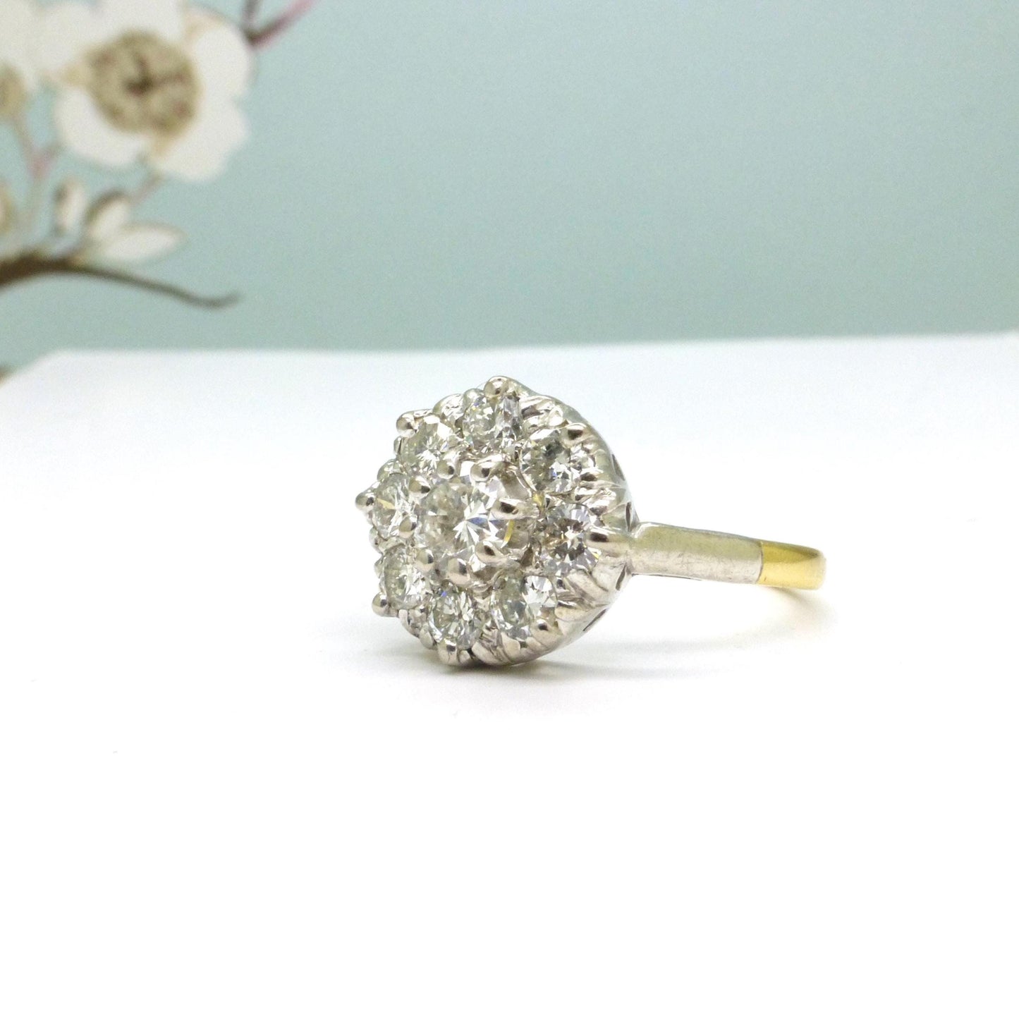 Vintage 18ct Platinum natural diamond cluster engagement ring 0.90 carat
