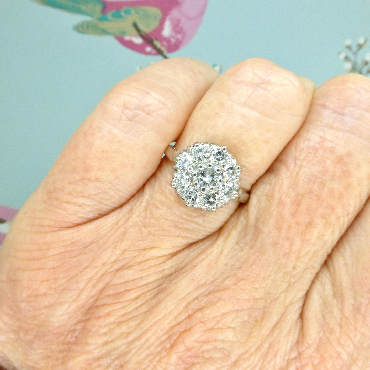 Vintage 18ct Platinum natural diamond cluster engagement ring 0.90 carat