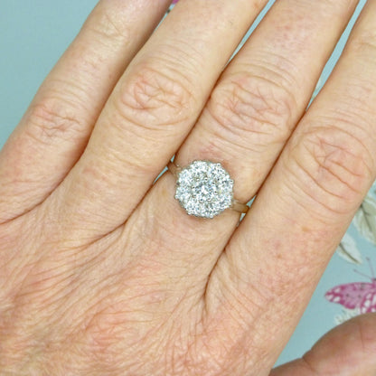 Vintage 18ct Platinum natural diamond cluster engagement ring 0.90 carat