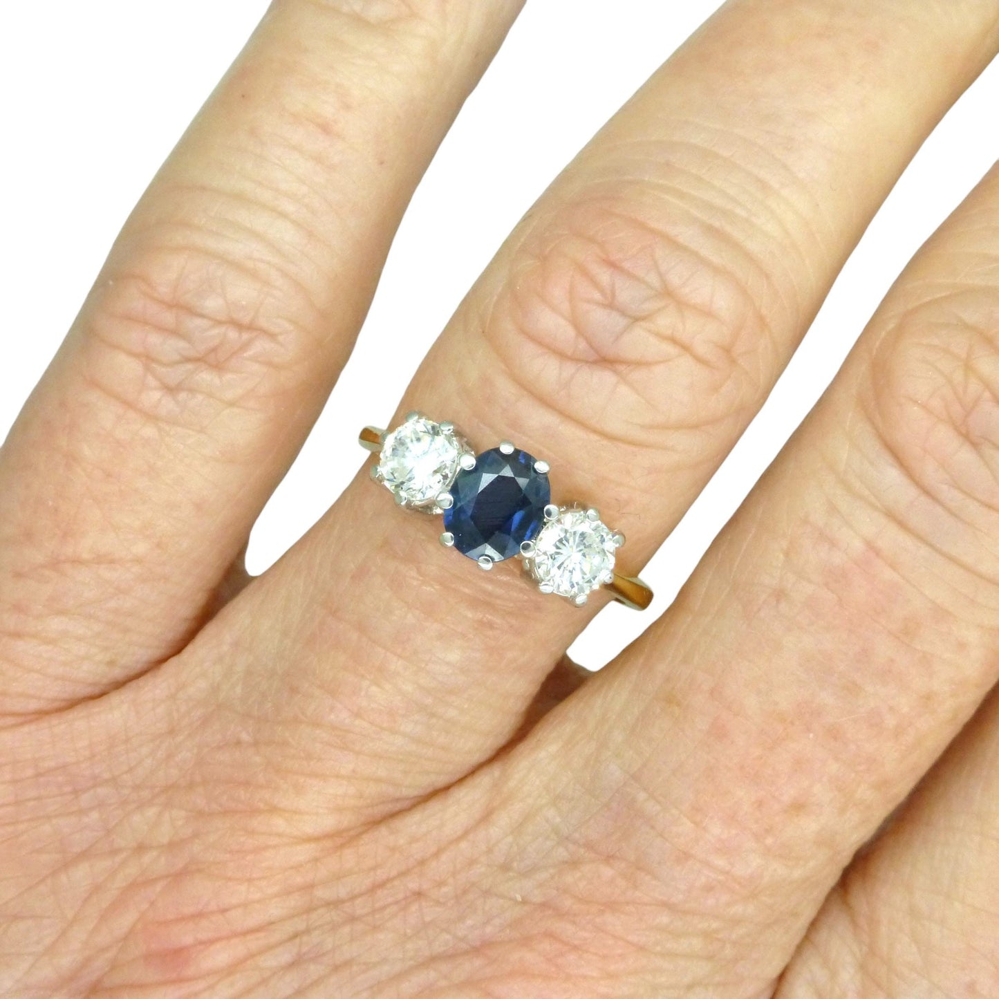 Vintage 18ct gold Natural Diamond & Sapphire three stone trilogy ring.