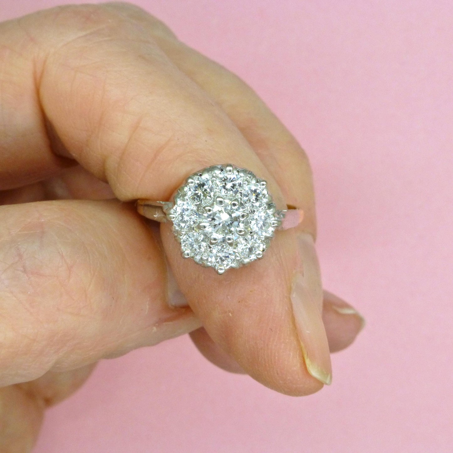 Vintage 18ct Platinum natural diamond cluster engagement ring 0.90 carat