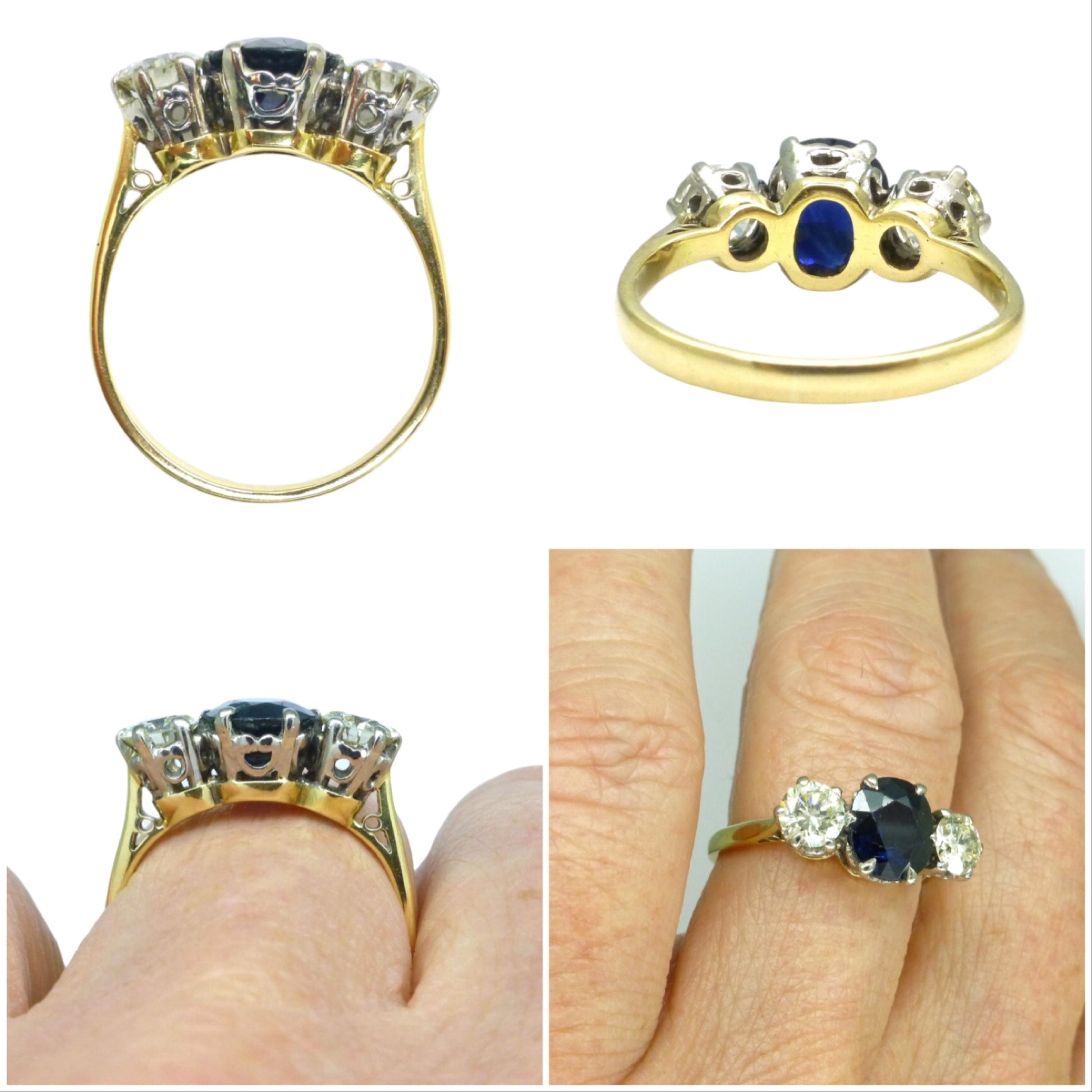 Vintage 18ct gold Natural Diamond & Sapphire three stone trilogy ring + Independent Valuation.