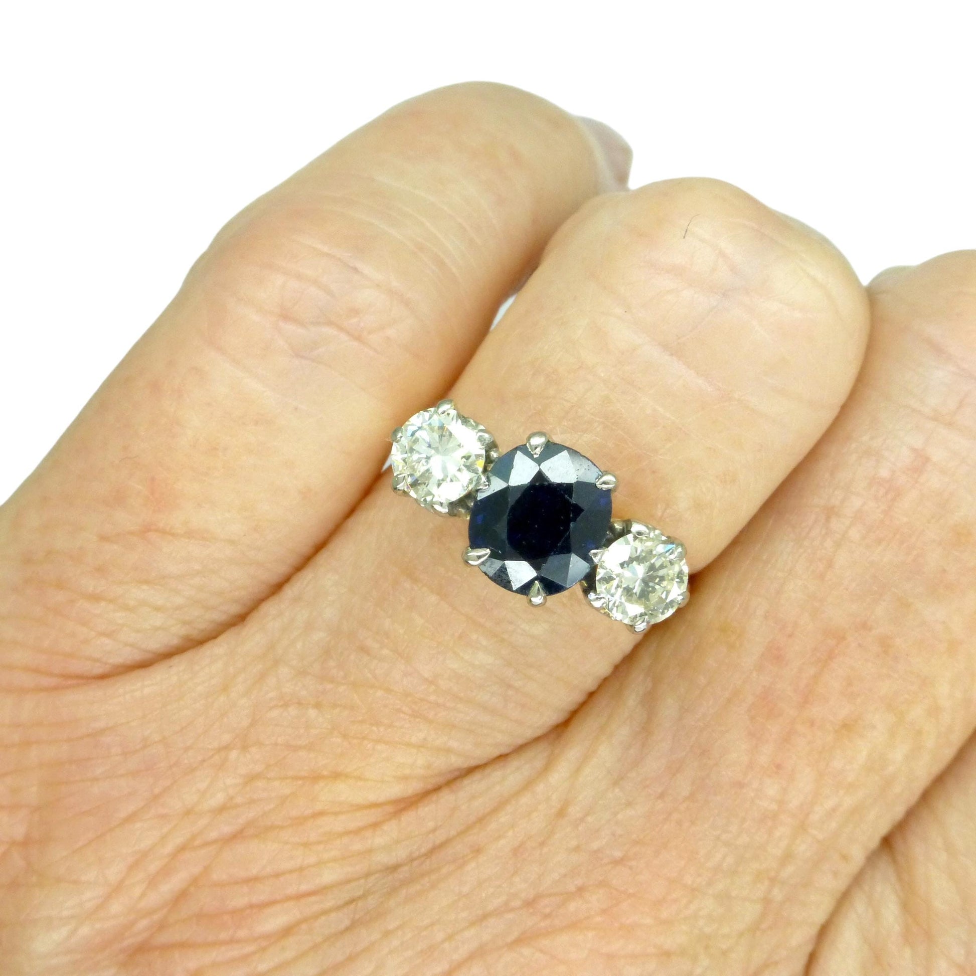 Vintage 18ct gold Natural Diamond & Sapphire three stone trilogy ring + Independent Valuation.