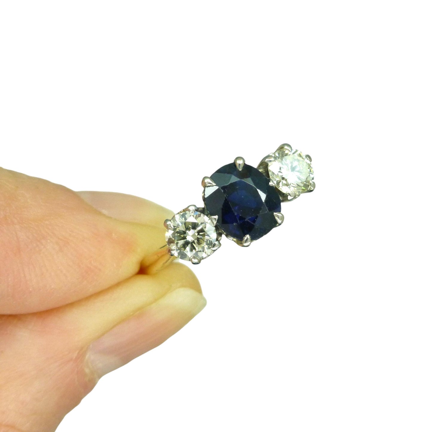 Vintage 18ct gold Natural Diamond & Sapphire three stone trilogy ring + Independent Valuation.