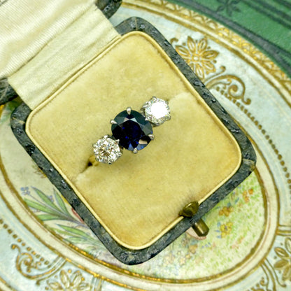 Vintage 18ct gold Natural Diamond & Sapphire three stone trilogy ring + Independent Valuation.