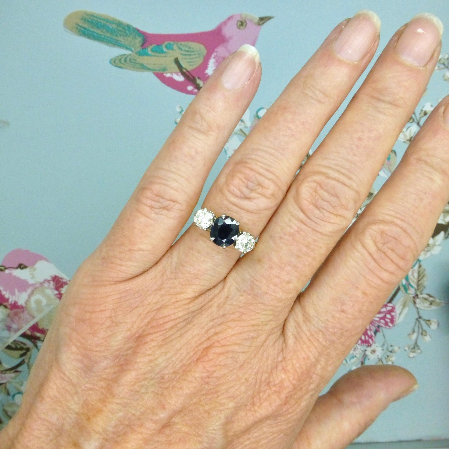Vintage 18ct gold Natural Diamond & Sapphire three stone trilogy ring + Independent Valuation.