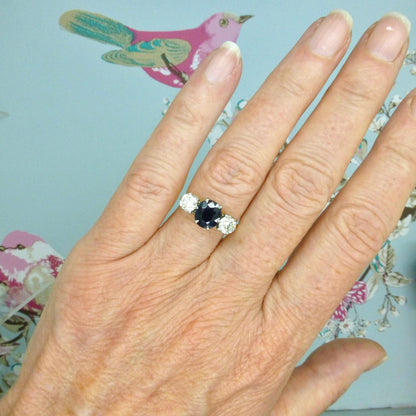 Vintage 18ct gold Natural Diamond & Sapphire three stone trilogy ring + Independent Valuation.