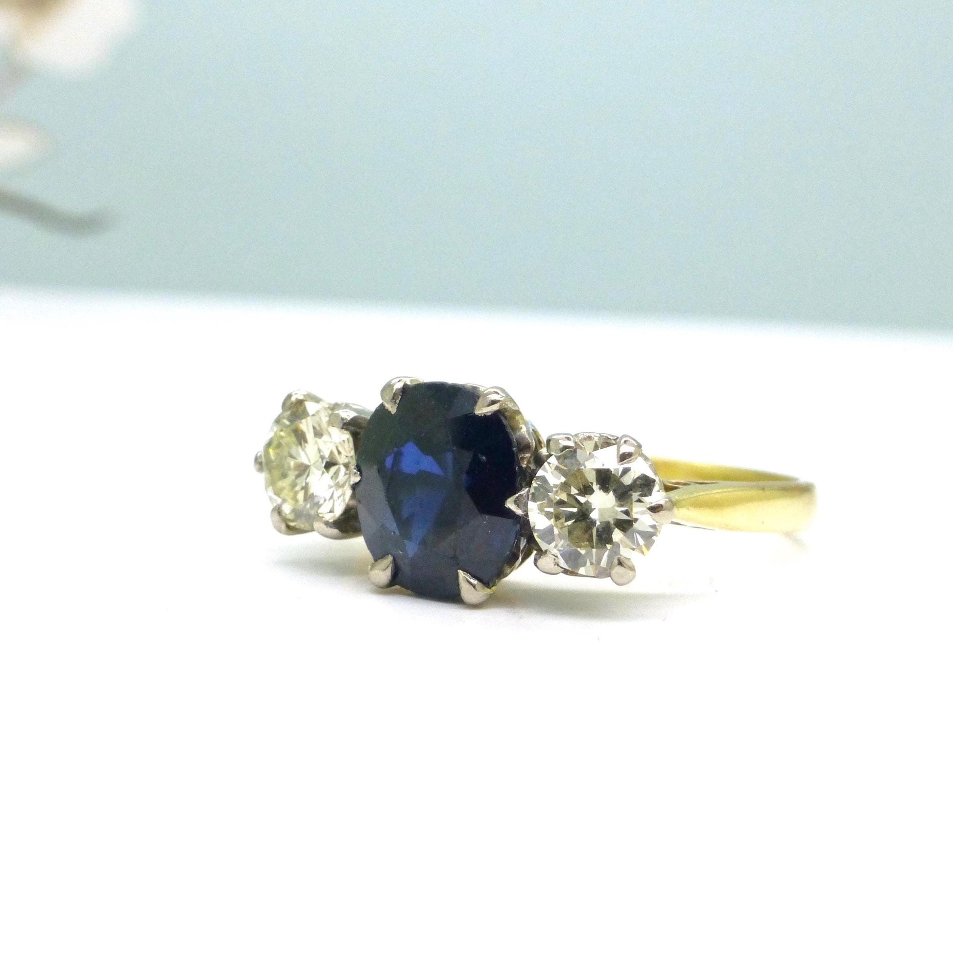 Vintage 18ct gold Natural Diamond & Sapphire three stone trilogy ring + Independent Valuation.