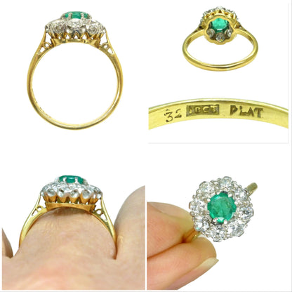 Antique Emerald & Diamond daisy cluster ring 18ct gold - Platinum ~ Independent Valuation