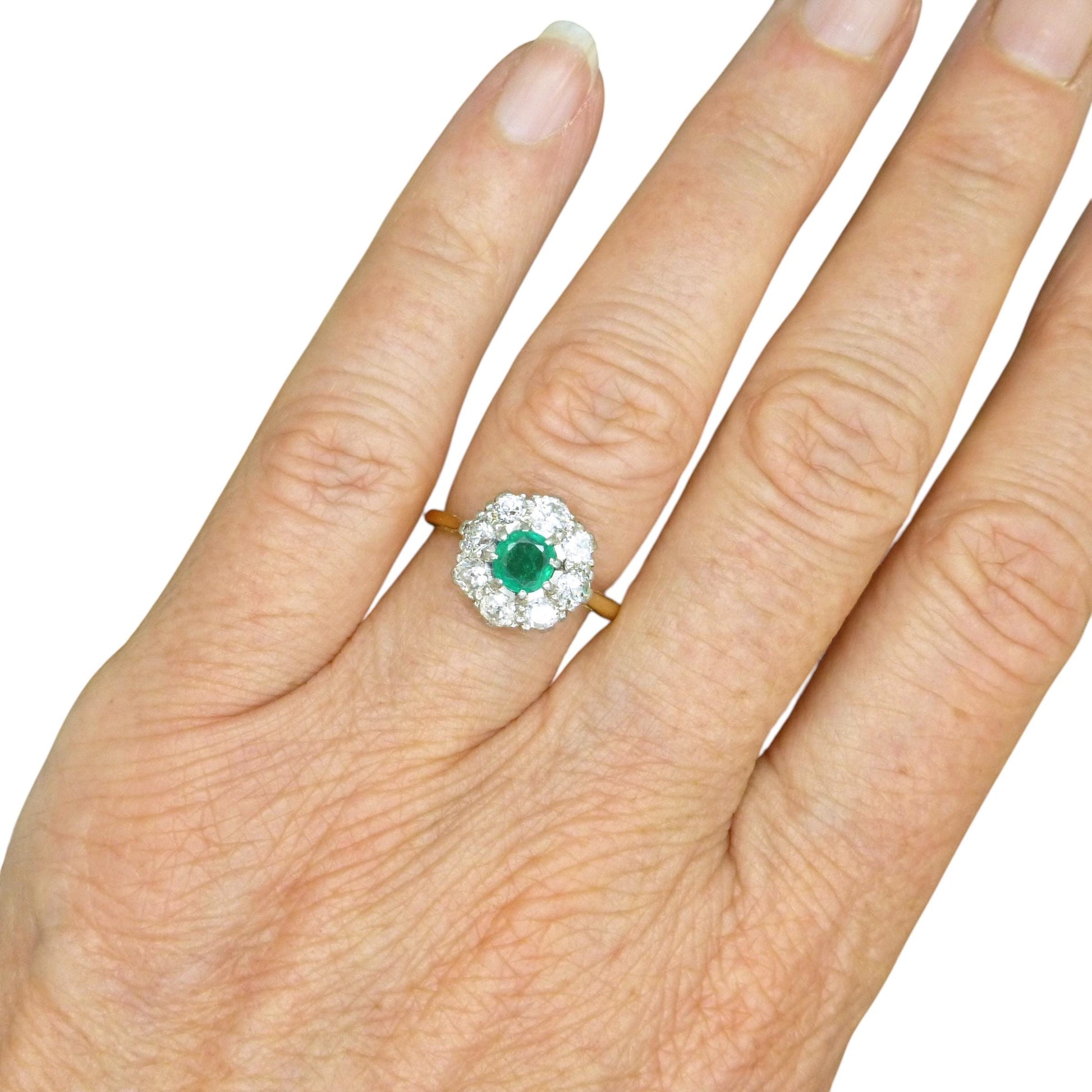 Antique Emerald & Diamond daisy cluster ring 18ct gold - Platinum ~ Independent Valuation
