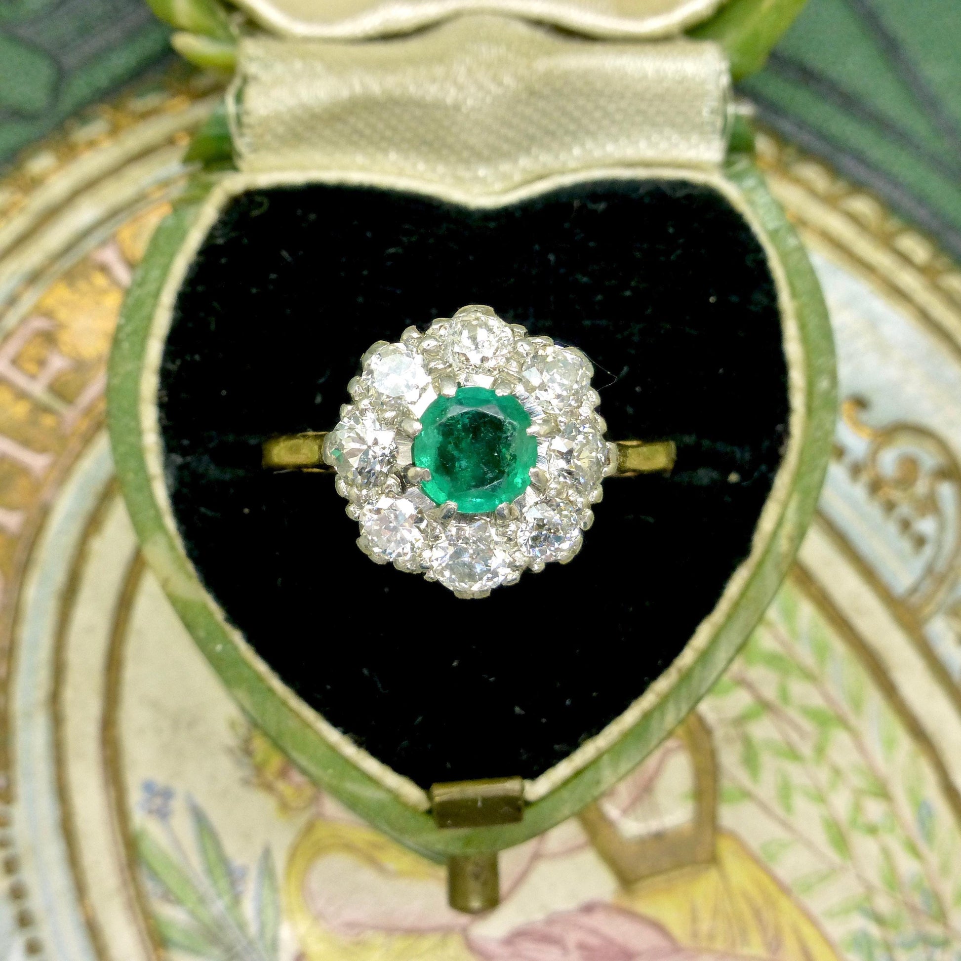 Antique Emerald & Diamond daisy cluster ring 18ct gold - Platinum ~ Independent Valuation