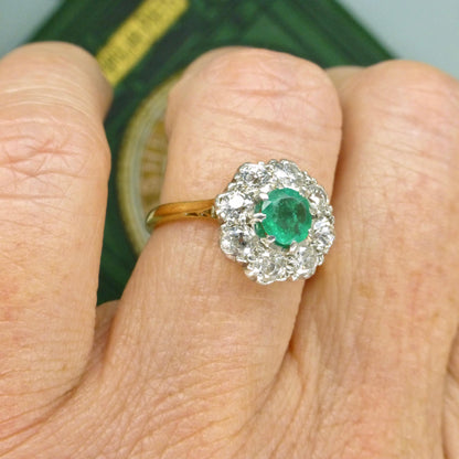 Antique Emerald & Diamond daisy cluster ring 18ct gold - Platinum ~ Independent Valuation