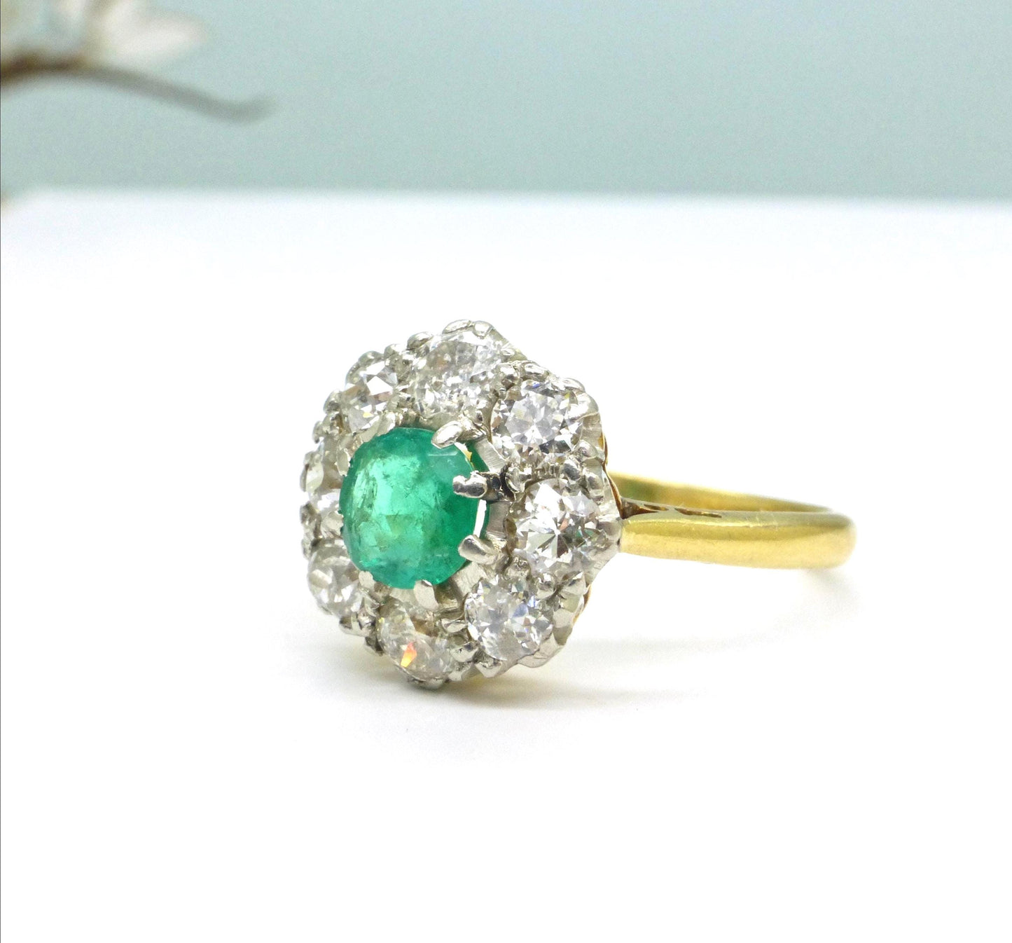 Antique Emerald & Diamond daisy cluster ring 18ct gold - Platinum ~ Independent Valuation