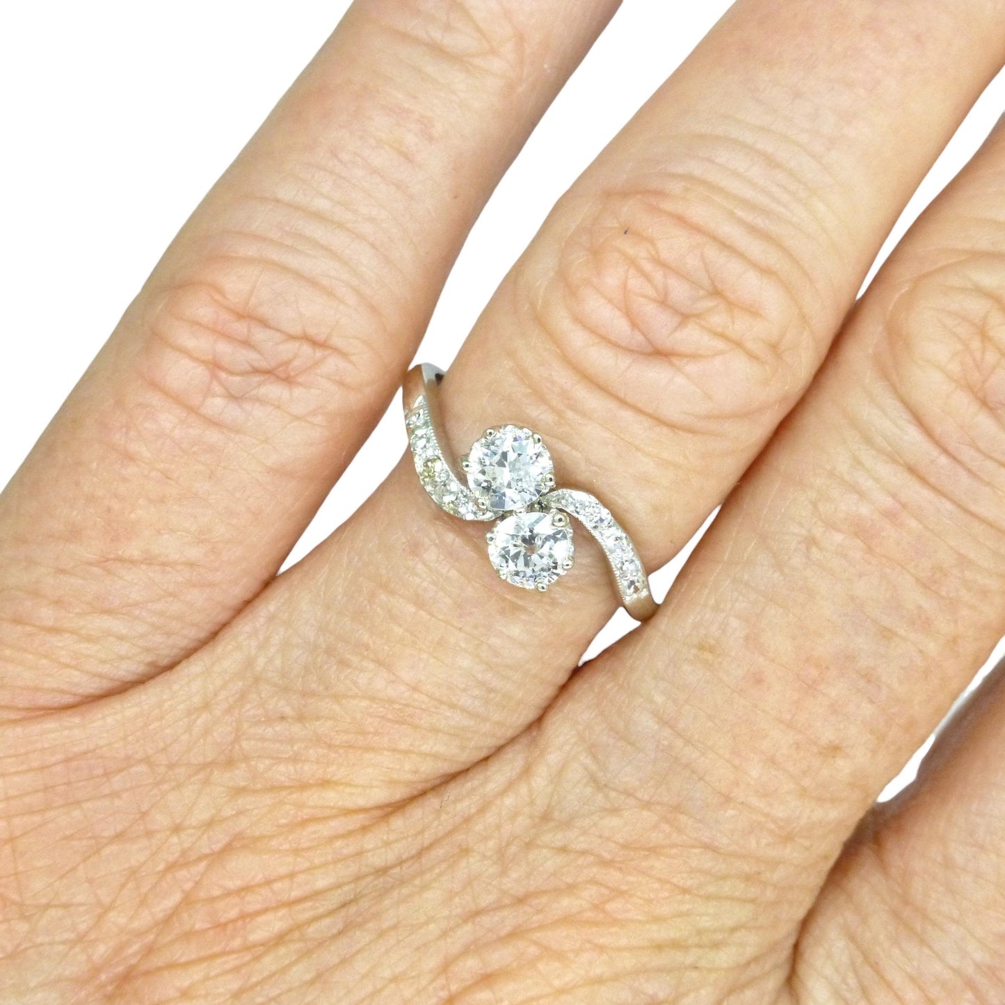 Antique Edwardian old cut natural diamond Toi et Moi ring - 18ct Platinum - 0.60ct c1910s