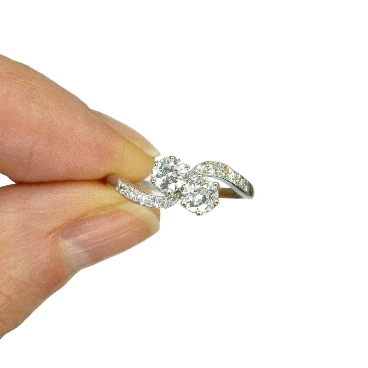 Antique Edwardian old cut natural diamond Toi et Moi ring - 18ct Platinum - 0.60ct c1910s